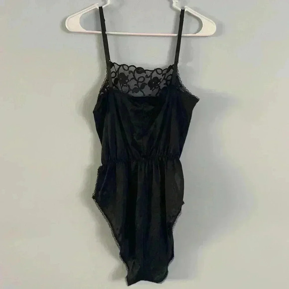 Vintage 70s 80s Lingerie Satin Sexy High Leg With Lace Black Size Medium M - Picture 8 of 11